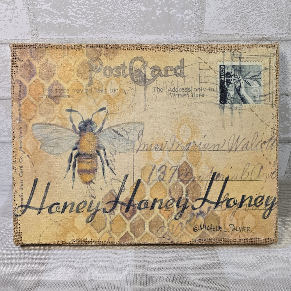 Honeybee Vintage Postcard Mixed Media Painted Artwork Burlap Canvas Bee Honey